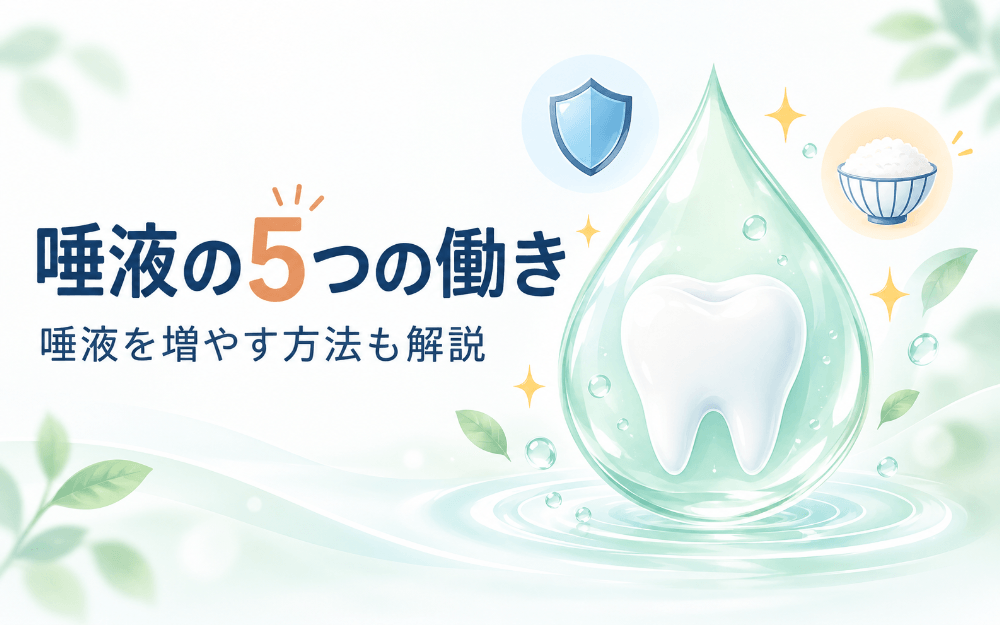 水滴に包まれた歯のイラストで、唾液がお口と全身の健康を守る働きを表したイメージ