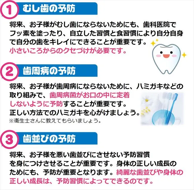当院が掲げる3つの予防、「虫歯予防」・「歯周病予防」・「歯並び予防」
