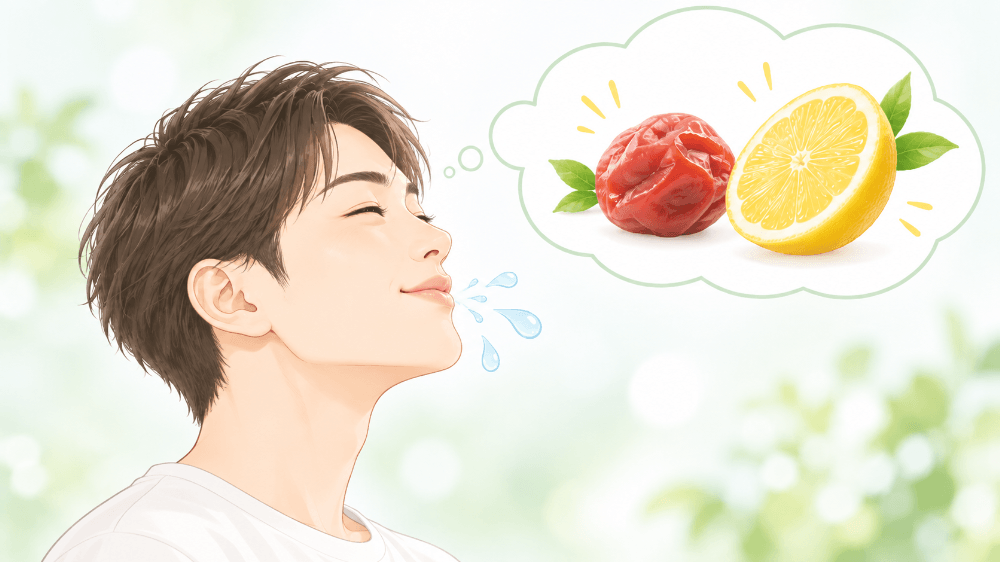 梅干しとレモンの輪切りを思い浮かべて、口の中に唾液がわいてくる様子のイラスト