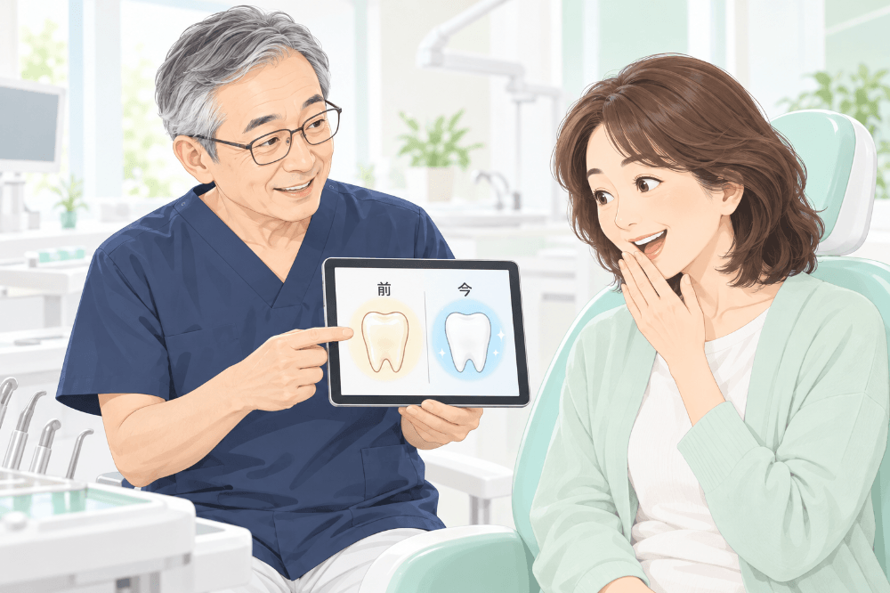 治療前と現在の歯の写真をタブレットで見比べ、色の変化に驚く患者さんと説明する歯科医師のイラスト