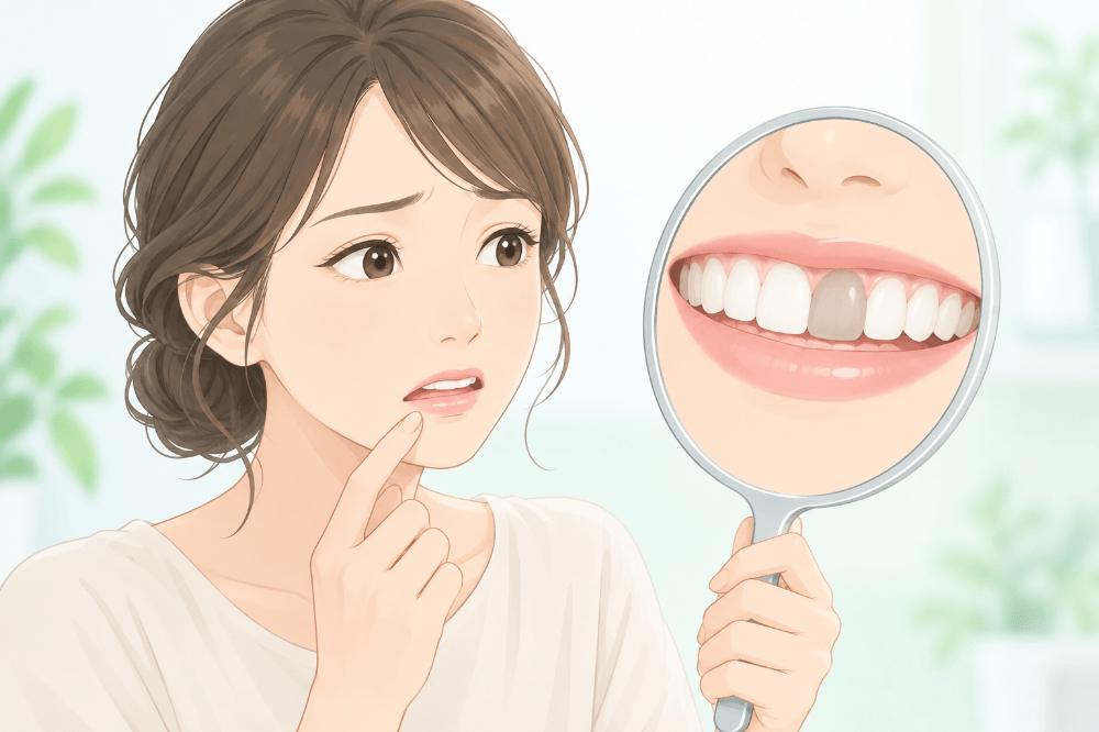 1本だけ灰色に黒ずんだ前歯を、鏡で気にしている女性のイラスト