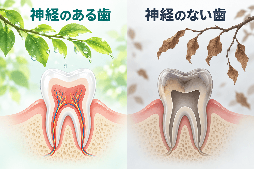 植物の例えの図：水が届くみずみずしい枝と神経のある歯、水が届かず枯れた枝と黒ずんだ神経のない歯