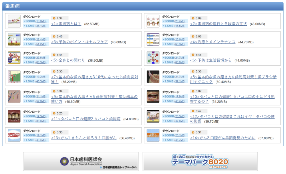 日歯8020テレビのコンテンツ一覧