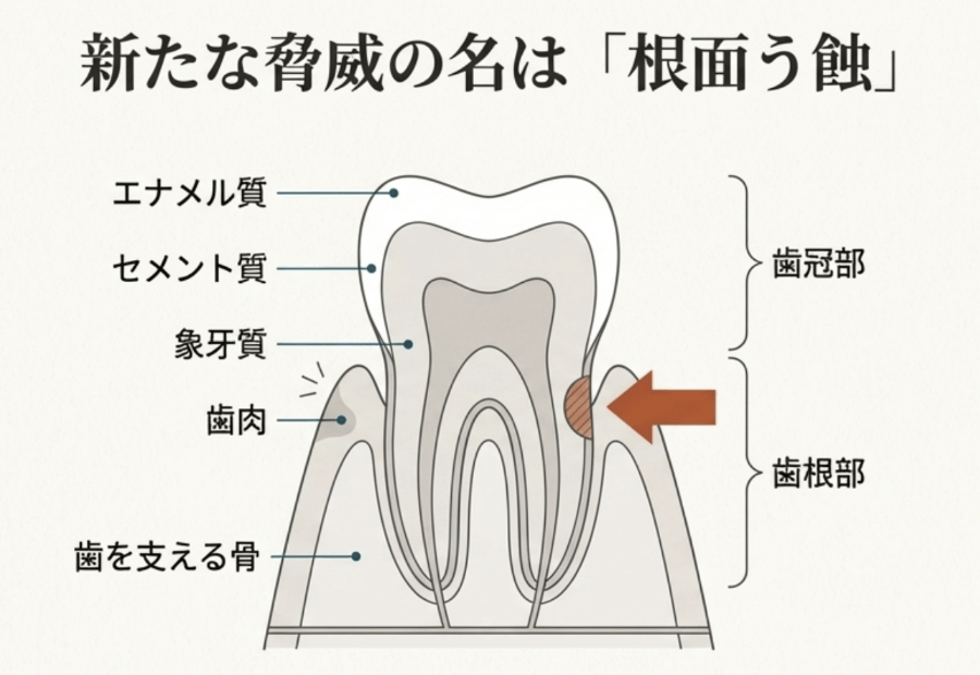 歯の構造と歯の根元にできる根面う蝕の位置を示したイラスト図