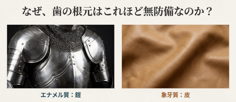 エナメル質は硬く象牙質は柔らかいことを鎧と皮で例えた比較イメージ