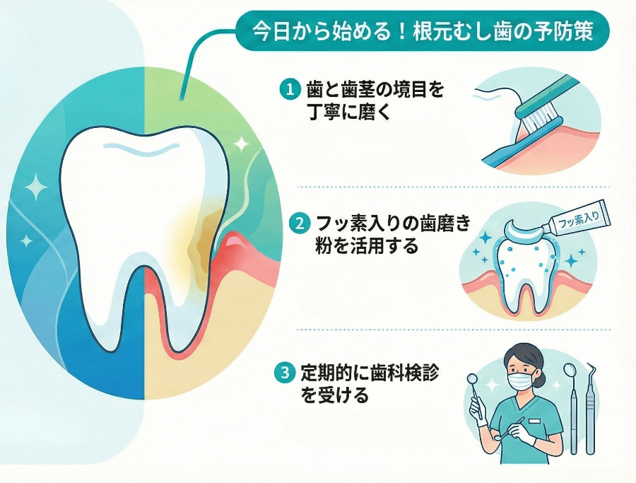 根元の虫歯を防ぐための歯磨き・フッ素・定期検診を示した予防インフォグラフィック