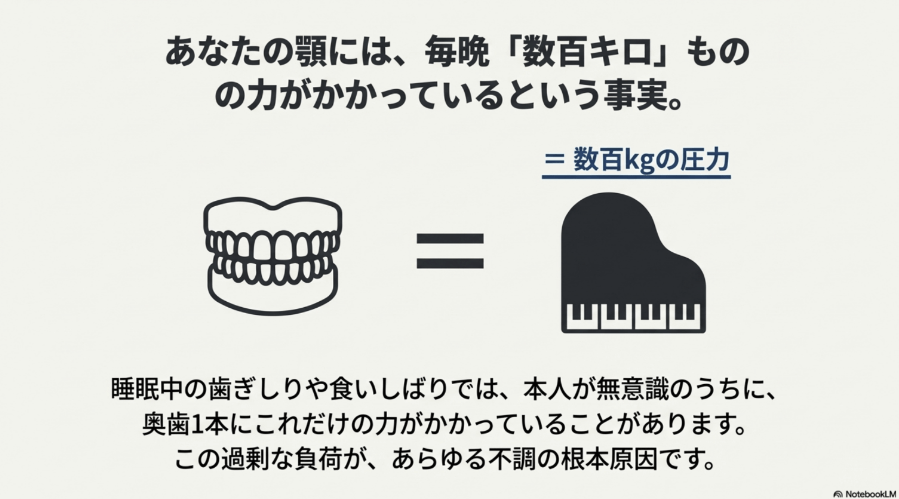 睡眠中の歯ぎしりで奥歯に数百キロ相当の力がかかることを示した図解