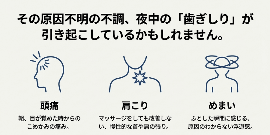夜間の歯ぎしりが頭痛や肩こり、めまいの原因となる可能性を示した説明イラスト