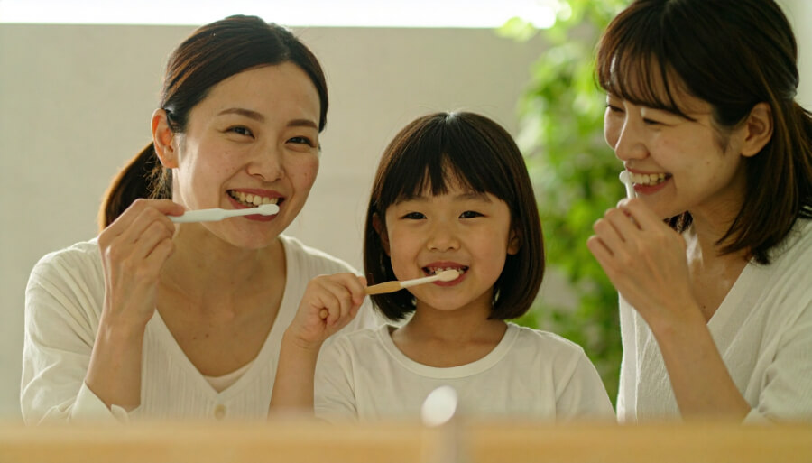 子どもの歯の健康と虫歯予防のための小児歯科ケアのイメージ写真(ブラッシング中の親子)