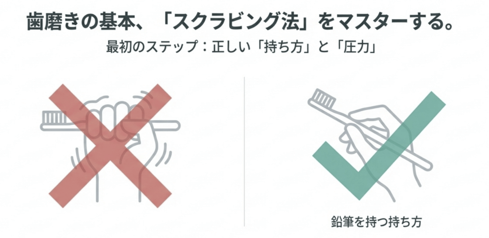 歯ブラシは鉛筆を持つように軽く持つスクラビング法の基本