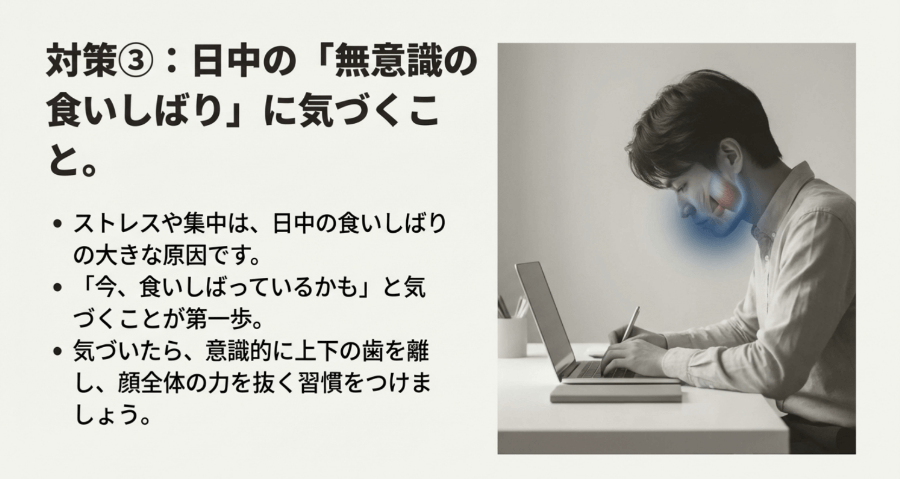 仕事やパソコン作業中のストレスによる無意識の食いしばりを示したイメージ