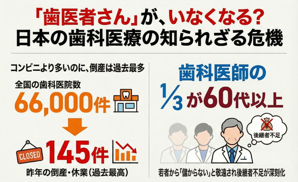 全国の歯科医院6万6000件に対し倒産145件、歯科医師の3分の1が60代以上で後継者不足が深刻化していることを説明するグラフ