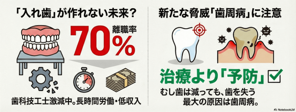 歯科技工士の離職率70%という現状と、成人の歯周病リスクが増加していることを示したイラスト