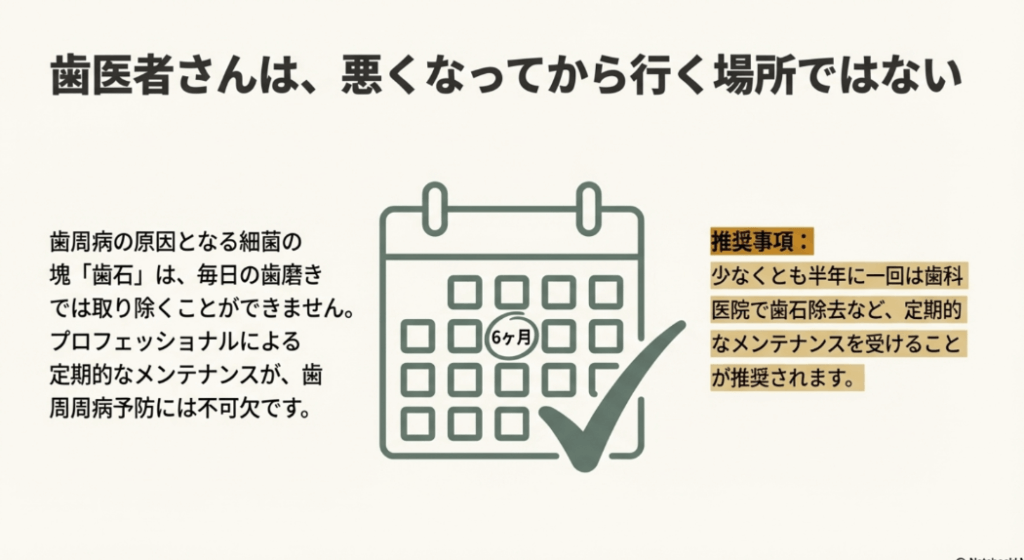 歯周病予防のため、半年ごとの歯科メンテナンスが推奨されていることを示すカレンダーと説明文のイラスト