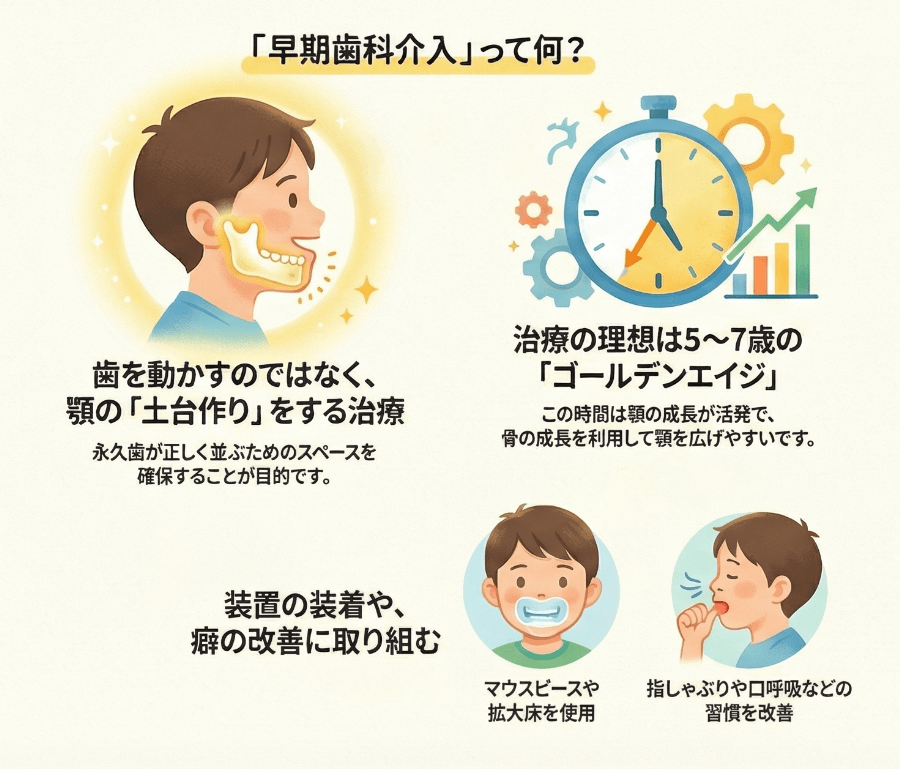 早期歯科介入は歯を動かすのではなく、5〜7歳の成長期にあごの土台を整える治療であることを示す図解