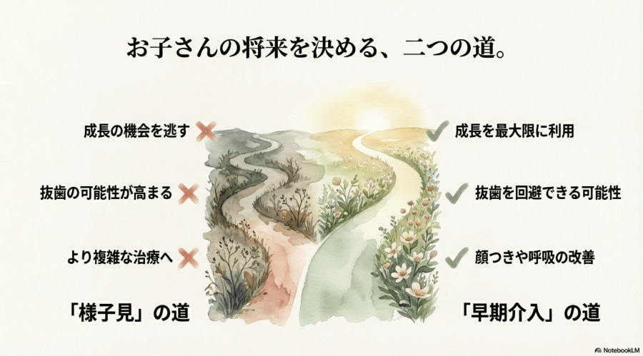 様子見によるリスクと、早期歯科介入によって成長を最大限に活かす選択肢を対比したイラスト