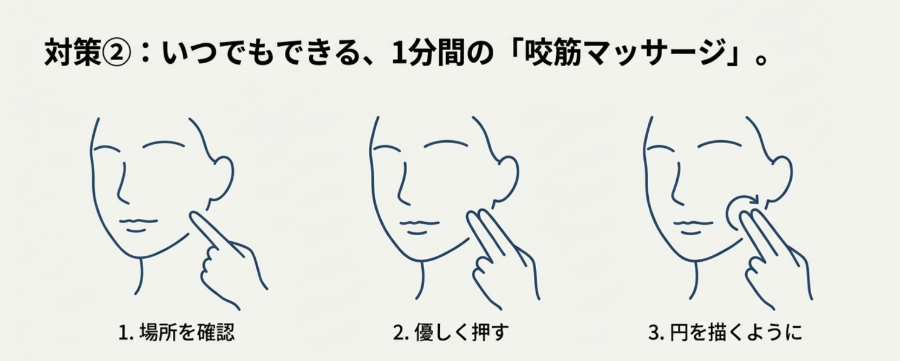 歯ぎしり対策として行う咬筋マッサージの方法を示した手順イラスト