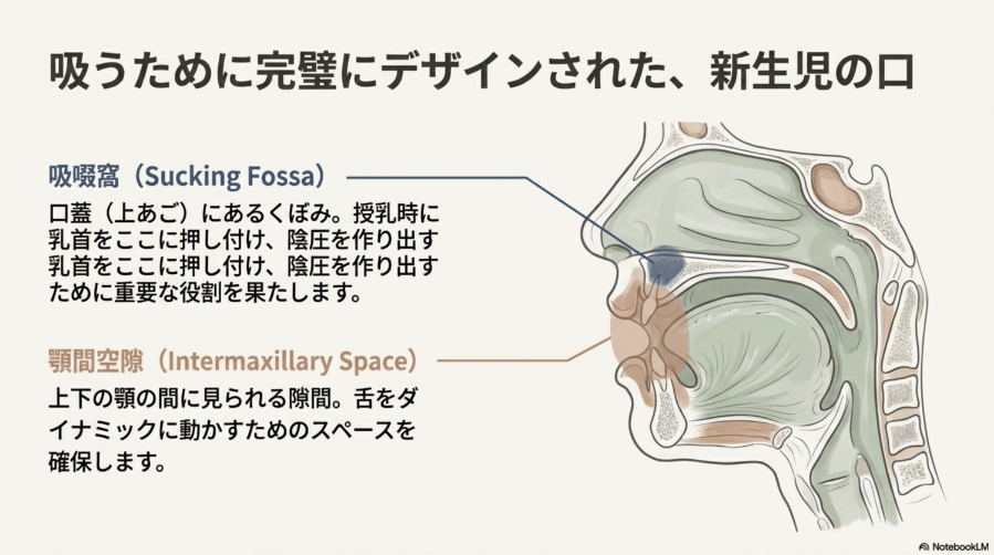 哺乳期の赤ちゃんの口の構造を示した図。吸啜窩や顎間空隙など、母乳を吸うための特徴が描かれている