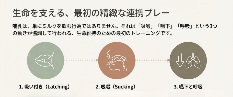 哺乳期に必要な吸い付き、吸啜、嚥下、呼吸の連携を示した模式図