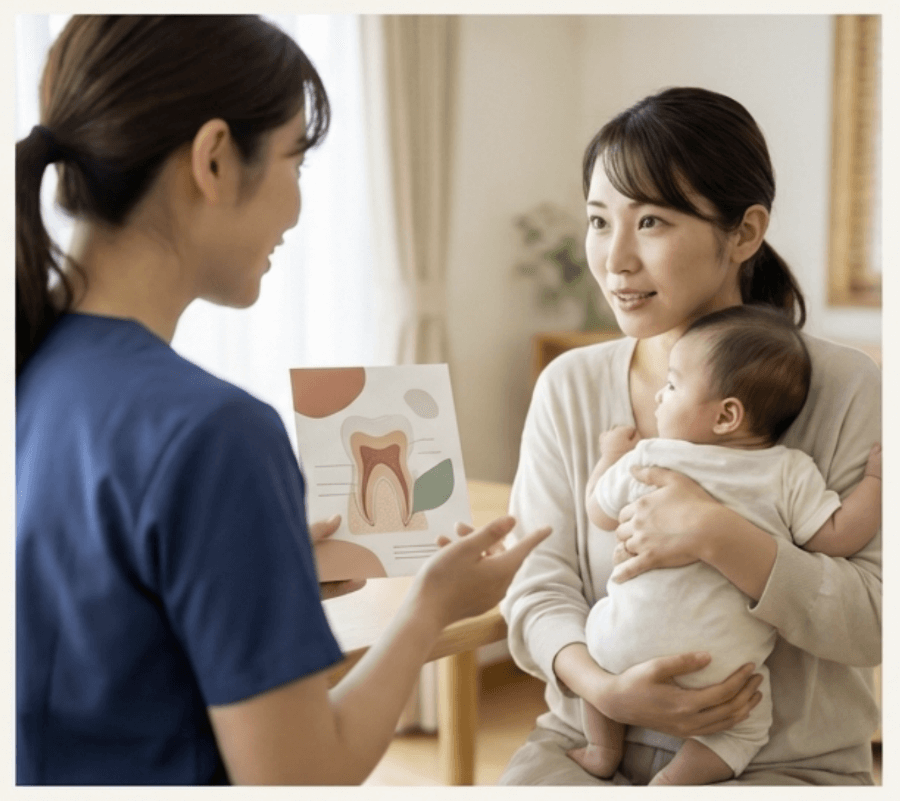 歯科スタッフが赤ちゃんを抱いた保護者に、哺乳期のお口の発達について説明している様子