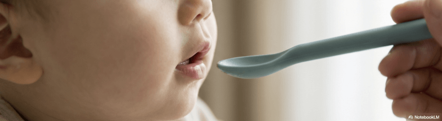 スプーンを前にした赤ちゃんの口元。上唇で食べ物を取り込み、「食べる」動きを学習している離乳期の様子です。