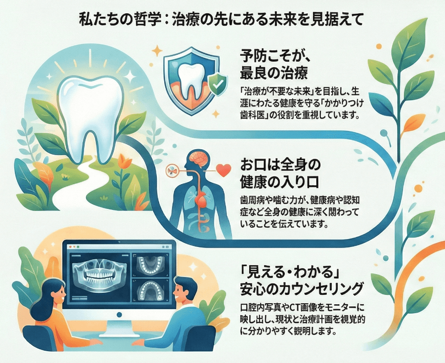 酒井歯科医院の医療哲学である「予防」を示したイラスト