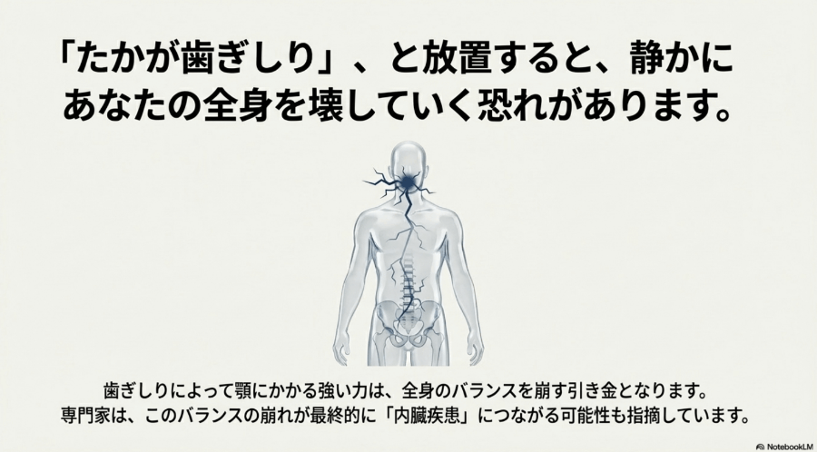 歯ぎしりを放置すると全身のバランスが崩れる可能性を示した人体イメージ