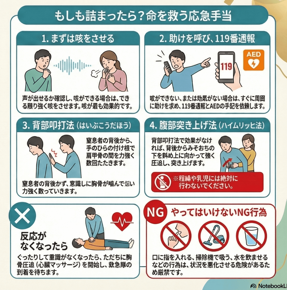 窒息時の応急手当を分かりやすく示した図解。咳を促す対応、119番通報、背部叩打法、腹部突き上げ法（ハイムリック法）、反応がなくなった場合の胸骨圧迫、やってはいけないNG行為をイラストで説明。