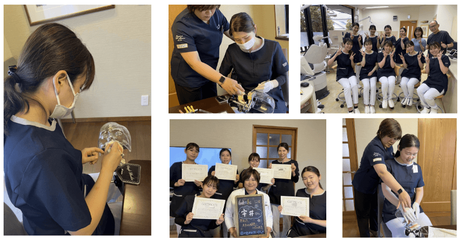 院内で開催した歯科衛生士向けハンズオンセミナーにて、模型を用いて歯科器材の操作を実習する様子