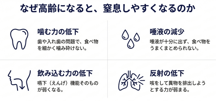 高齢になると窒息しやすくなる理由を説明した図解。噛む力の低下、唾液分泌の減少、飲み込む力の低下、咳反射の低下が関係していることを示している。