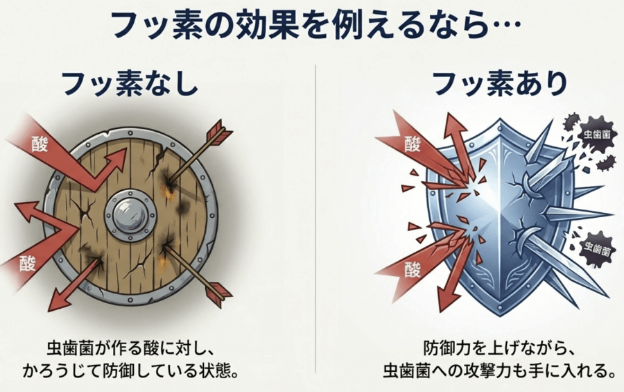 フッ素を使わない場合と使った場合で、歯の防御力がどのように変わるかを比較した図