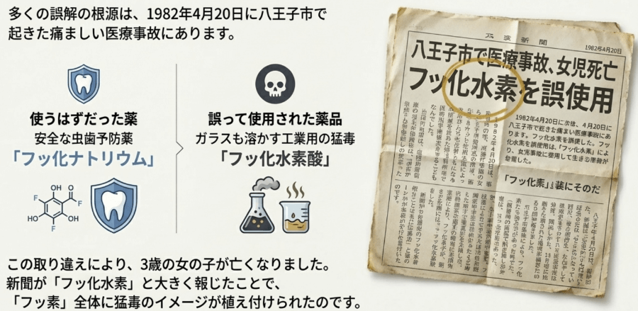 1982年の医療事故でフッ化水素酸とフッ化ナトリウムが取り違えられ、フッ素が危険と誤解された経緯を示す図