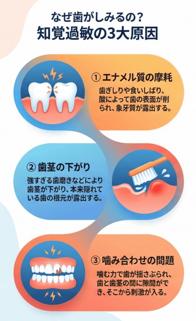 研磨剤の多い歯磨き粉や強いブラッシングが知覚過敏を引き起こす様子を示したイラスト