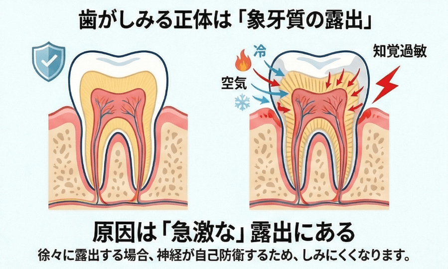 象牙質が急激に露出することで冷たい刺激が神経に伝わり、歯がしみる状態を示した図