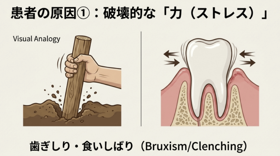 歯ぎしりや食いしばりによる過剰な力が歯にダメージを与える様子を例えで示した図