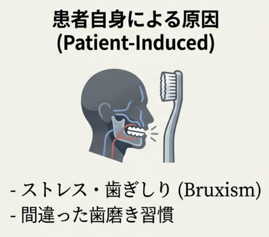 ストレスや誤った歯磨き習慣など、患者自身の行動が知覚過敏の原因になることを示した図