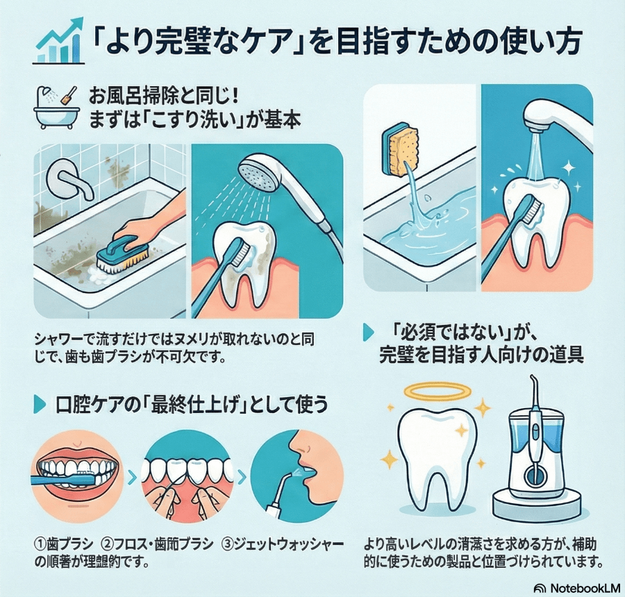 歯ブラシ・フロス・ジェットウォッシャーを併用する口腔ケアの考え方を示したイラスト
