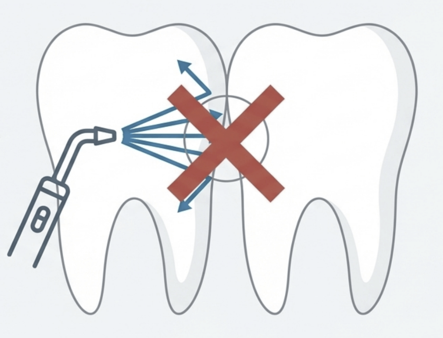 ジェットウォッシャーの水流が歯と歯の接触面に届かないことを示した模式図