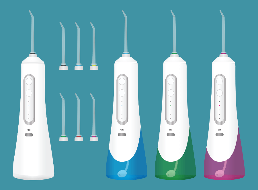 家庭用ジェットウォッシャー本体と交換用ノズルの種類を示したイメージ