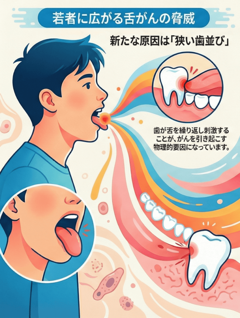 若年層に増える舌がんと、狭い歯並びによる舌への慢性的刺激を示したイラスト