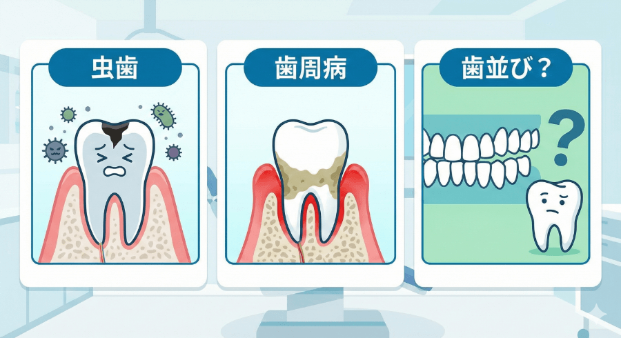 歯を失う原因としての虫歯、歯周病、歯並び（噛み合わせ）を比較したイラスト