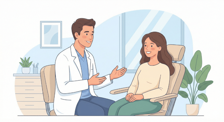 歯科医師が患者に噛み合わせと歯の健康について説明しているイメージイラスト