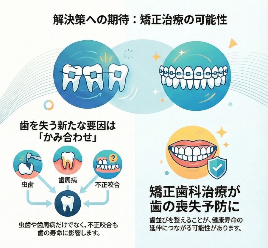 矯正歯科治療によって噛み合わせを整えることが歯の喪失予防につながることを示す図