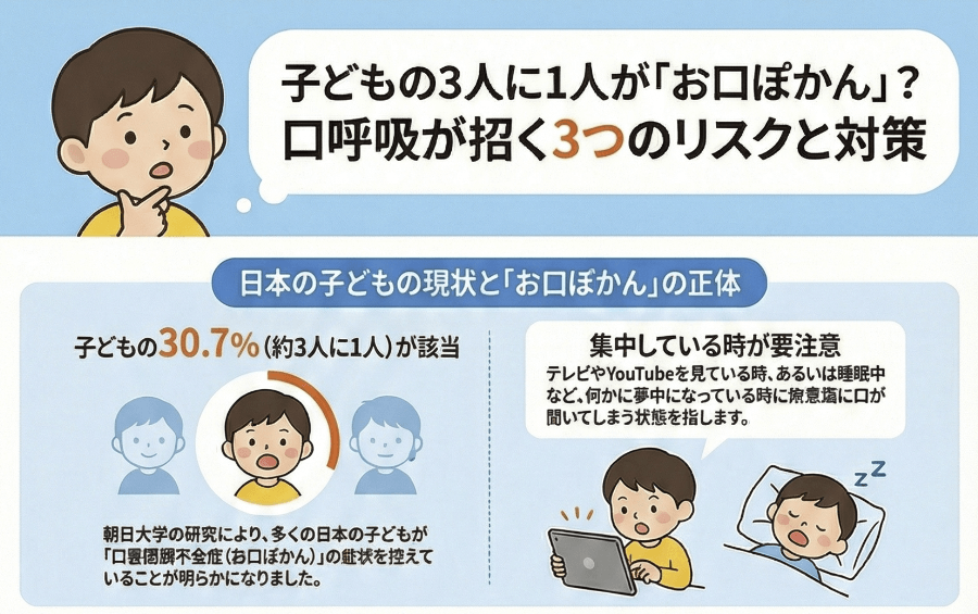 日本の子供の約30.7%が口唇閉鎖不全症とされる説明イラスト