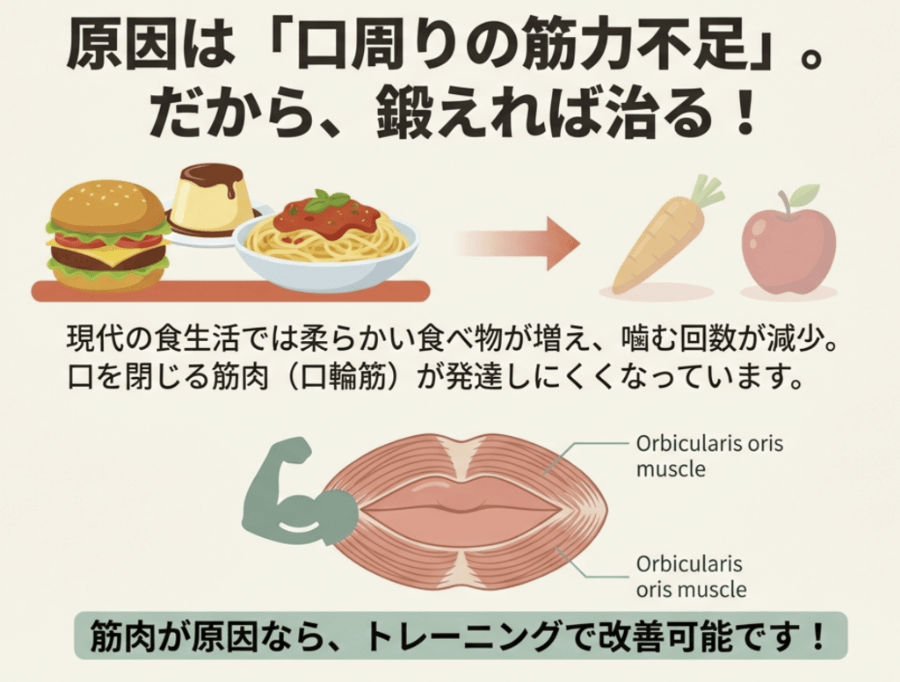 口唇閉鎖不全症の原因は口周りの筋力不足であることを示す図。口輪筋のトレーニングで改善可能と解説