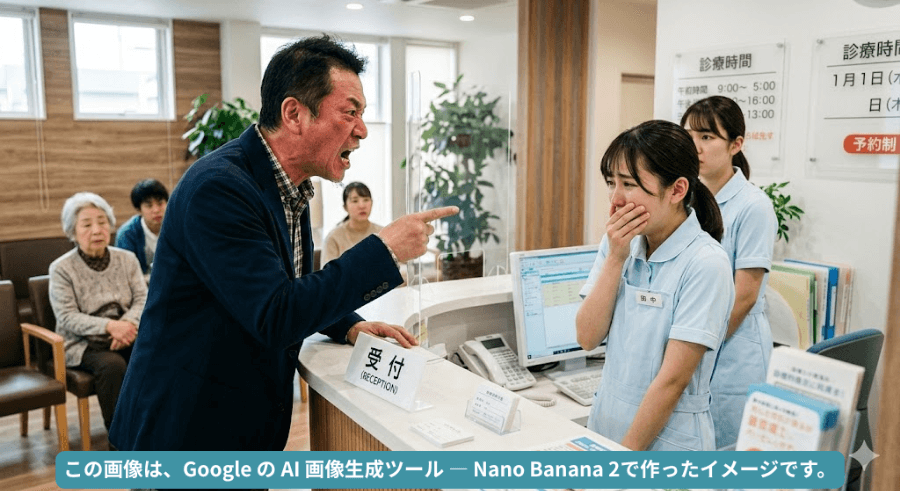 歯科医院の受付で患者が強い口調でスタッフに詰め寄るイメージ