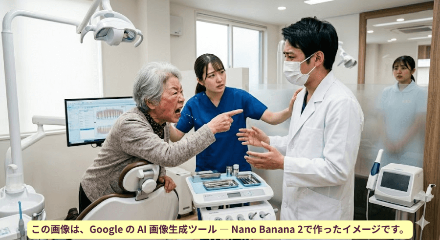 診療室で患者が歯科医師に強い口調で抗議している場面のイメージ
