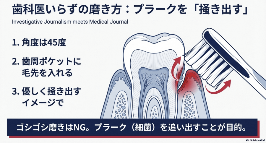 歯周ポケットに45度で毛先を当て、プラークを優しく掻き出す正しい歯磨き方法のイラスト