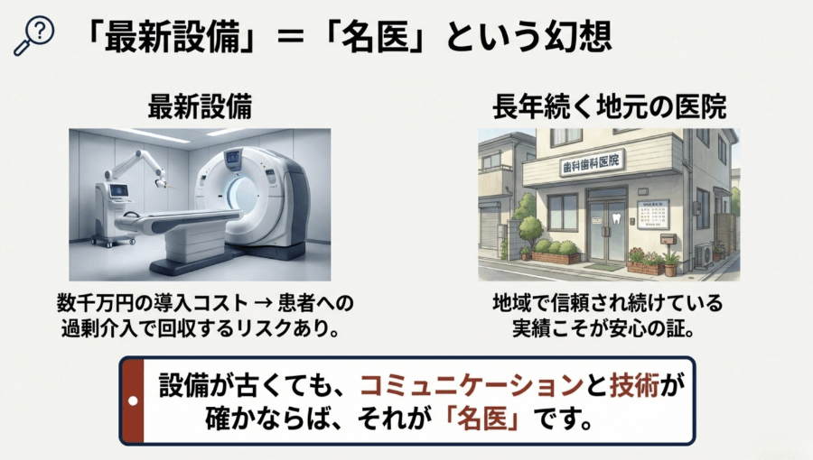 最新設備よりも、地域で信頼され続ける実績と丁寧な診療が重要であることを示す比較イラスト