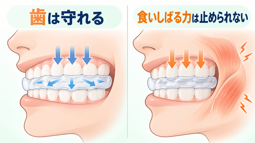 マウスピースは歯にかかる力を分散して守るが、食いしばる力そのものは止められないことを示す図